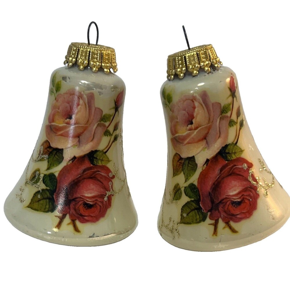 Vtg Set Of 2 Krebs Glass Bell Christmas Bulb Ornaments Gold Caps West Germany